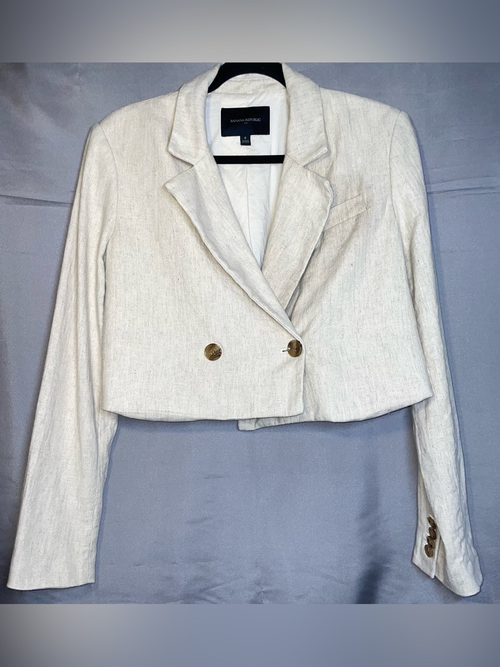 Banana Republic Cropped Linen Blend Double-Breasted Herringbone Blazer SZ 6